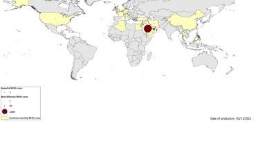 Geographical distribution of confirmed MERS-CoV cases by reporting country from April 2012 to 3 November 2021