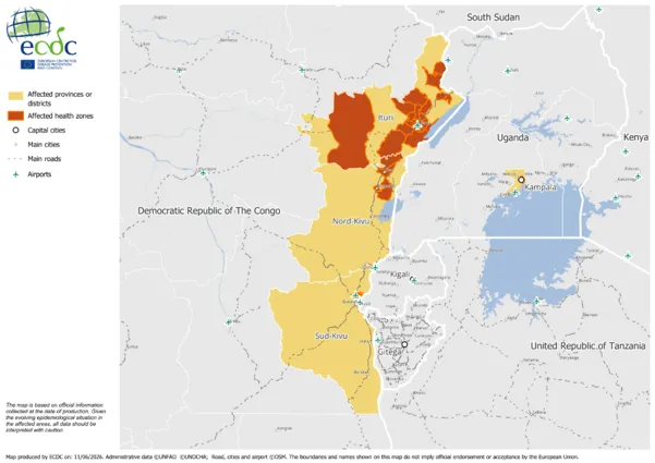 11June Map showing areas and health zones affected by the Bundibugyo virus outbreak in Uganda and Democratic Republic of The Congo.png