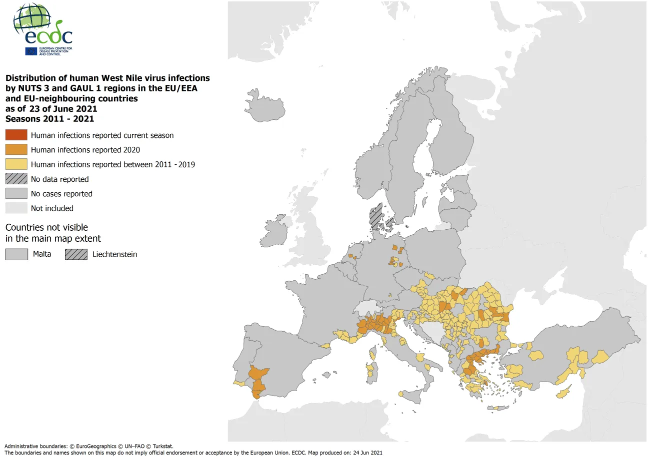West Nile virus in Europe in 2021 - human cases compared to previous seasons, updated 23 June 2021