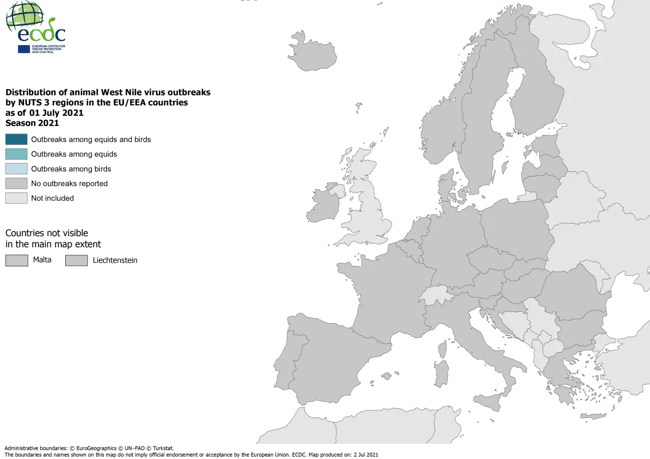 West Nile virus in Europe in 2021 - outbreaks among equids and/or birds, updated 1 July 2021