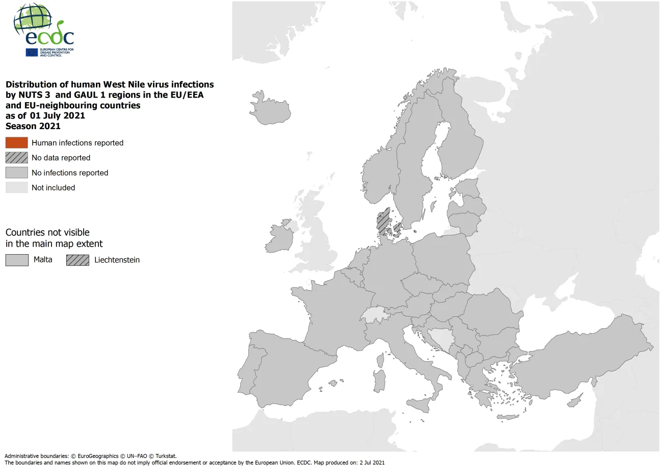 West Nile virus in Europe in 2021 - human cases, updated 1 July 2021
