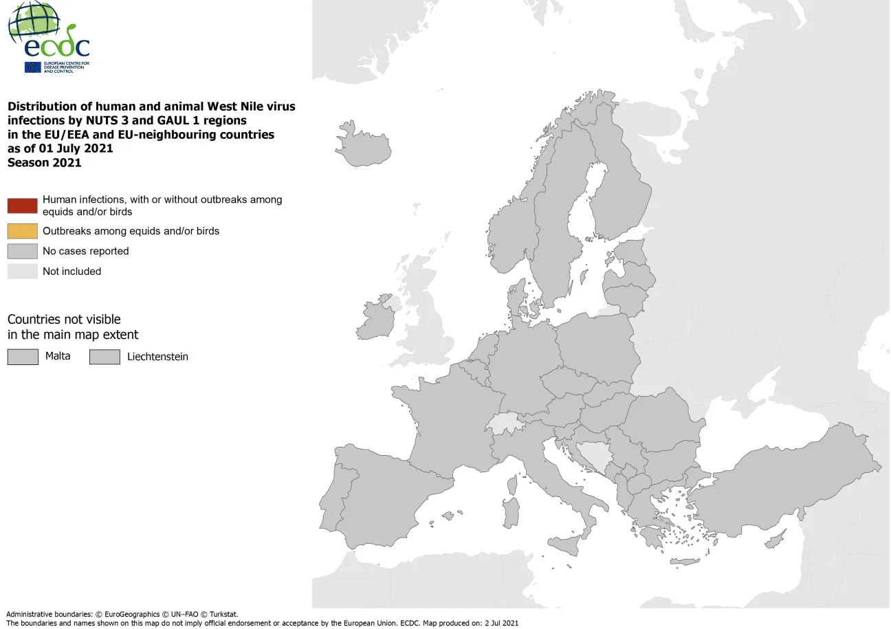 West Nile virus in Europe in 2021 - infections among humans and outbreaks among equids and/or birds, updated 1 July 2021 