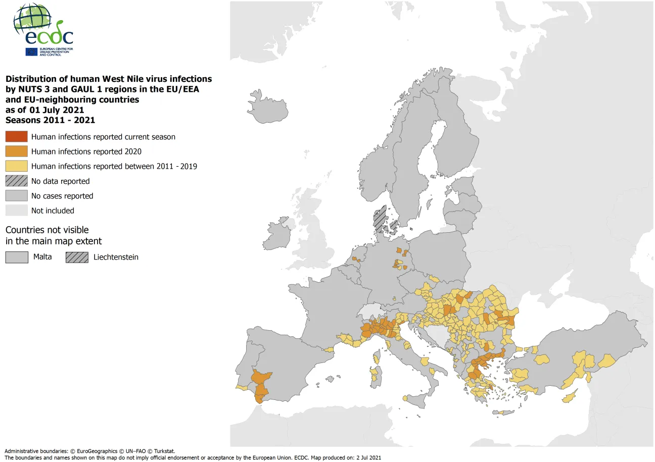West Nile virus in Europe in 2021 - human cases compared to previous seasons, updated 1 July 2021