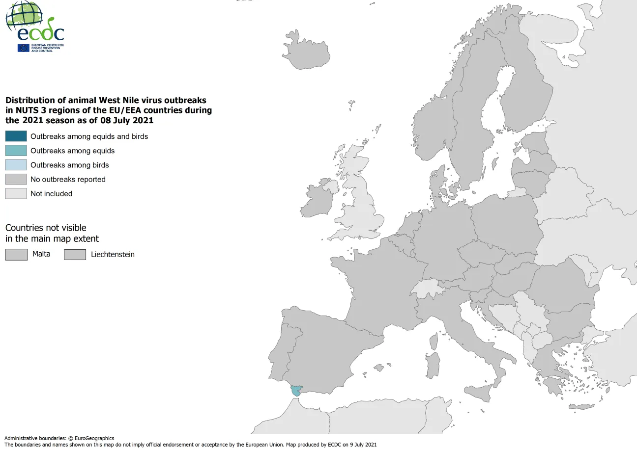 West Nile virus in Europe in 2021 - outbreaks among equids and/or birds, updated 8 July 2021