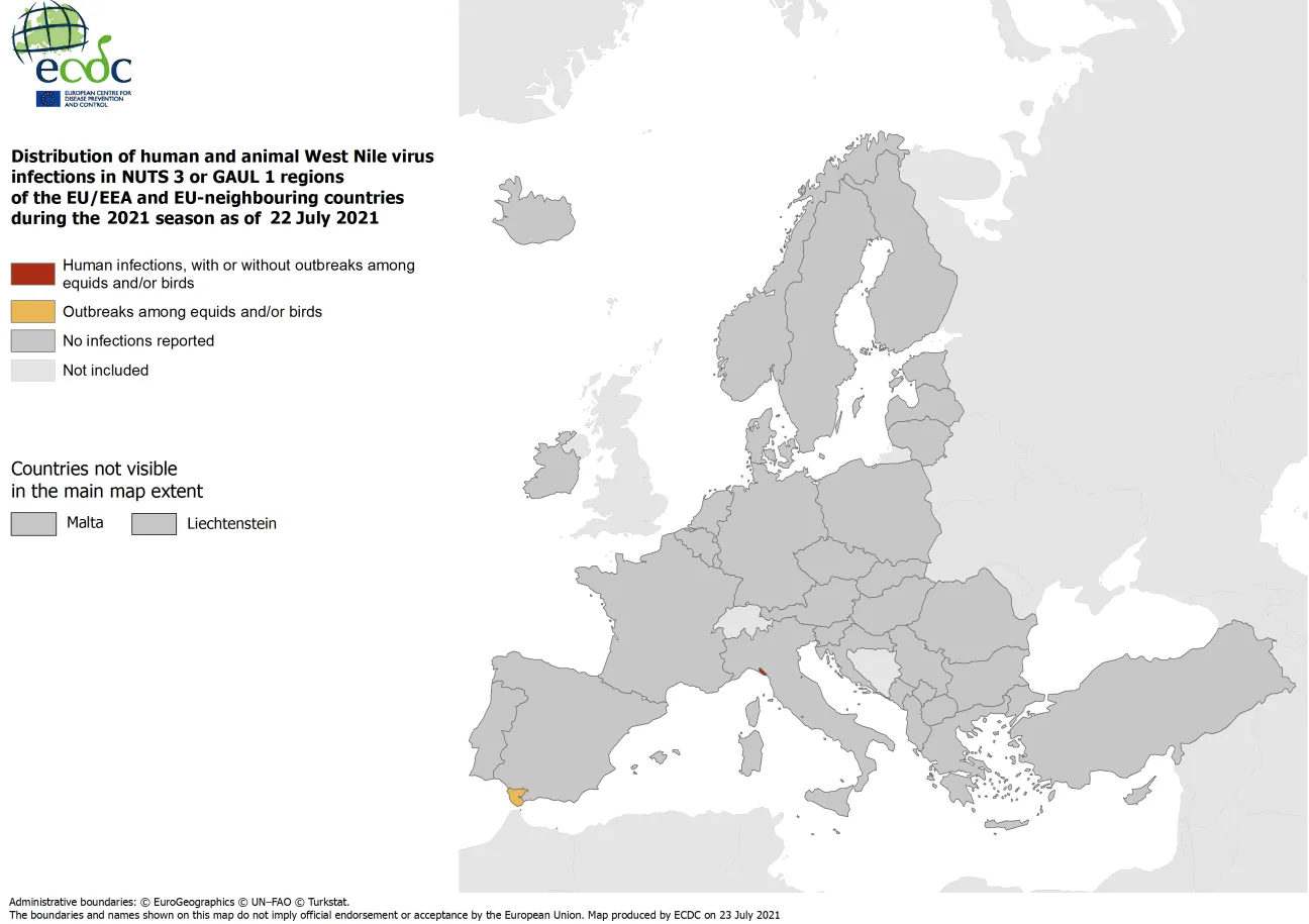 West Nile virus in Europe in 2021 - infections among humans and outbreaks among equids and/or birds, updated 22 July 2021