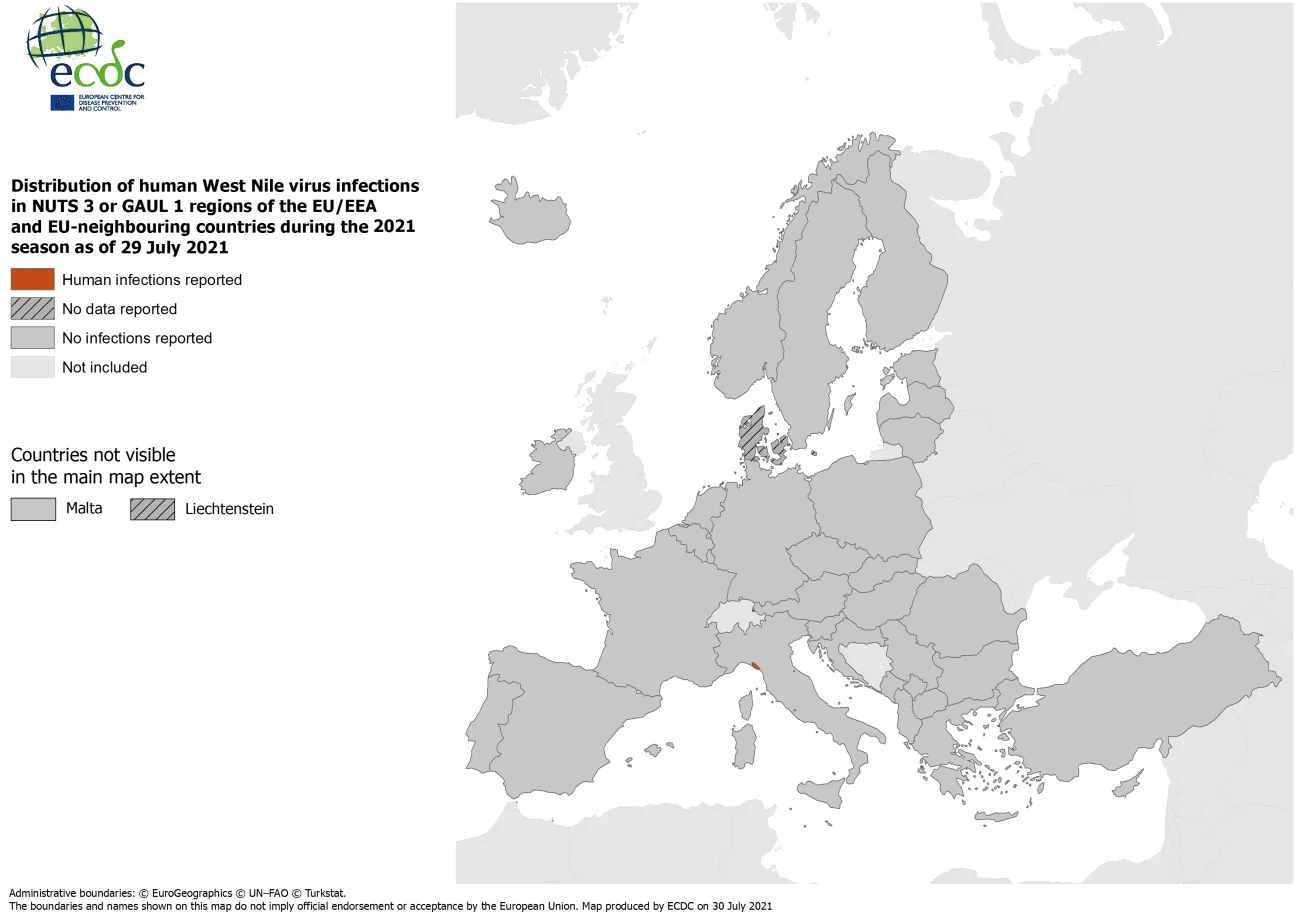 West Nile virus in Europe in 2021 - human cases, updated 29 July 2021