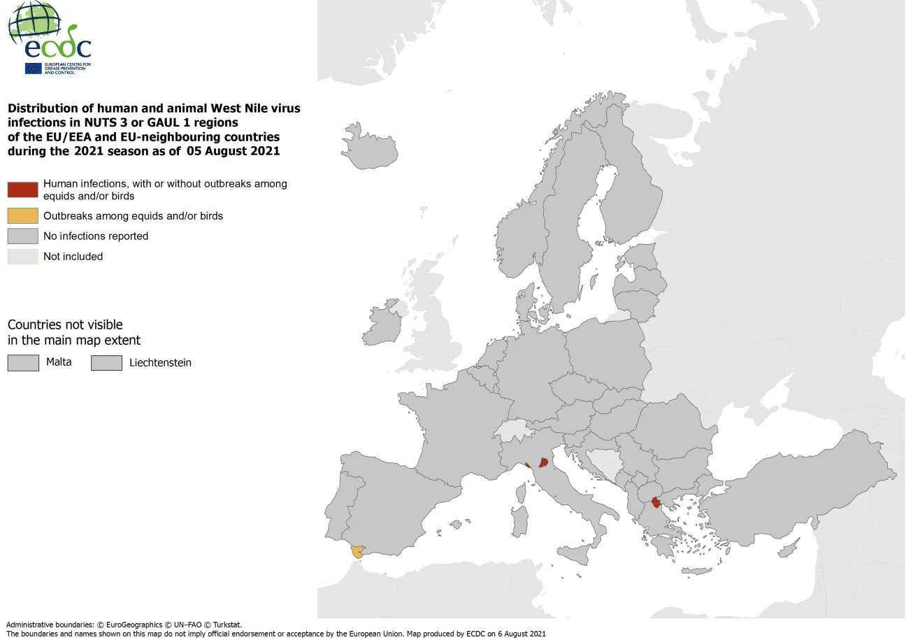 West Nile virus in Europe in 2021 - infections among humans and outbreaks among equids and/or birds, updated 5 August 2021