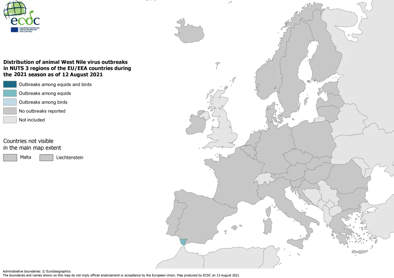 West Nile virus in Europe in 2021 - outbreaks among equids and/or birds, updated 12 August 2021