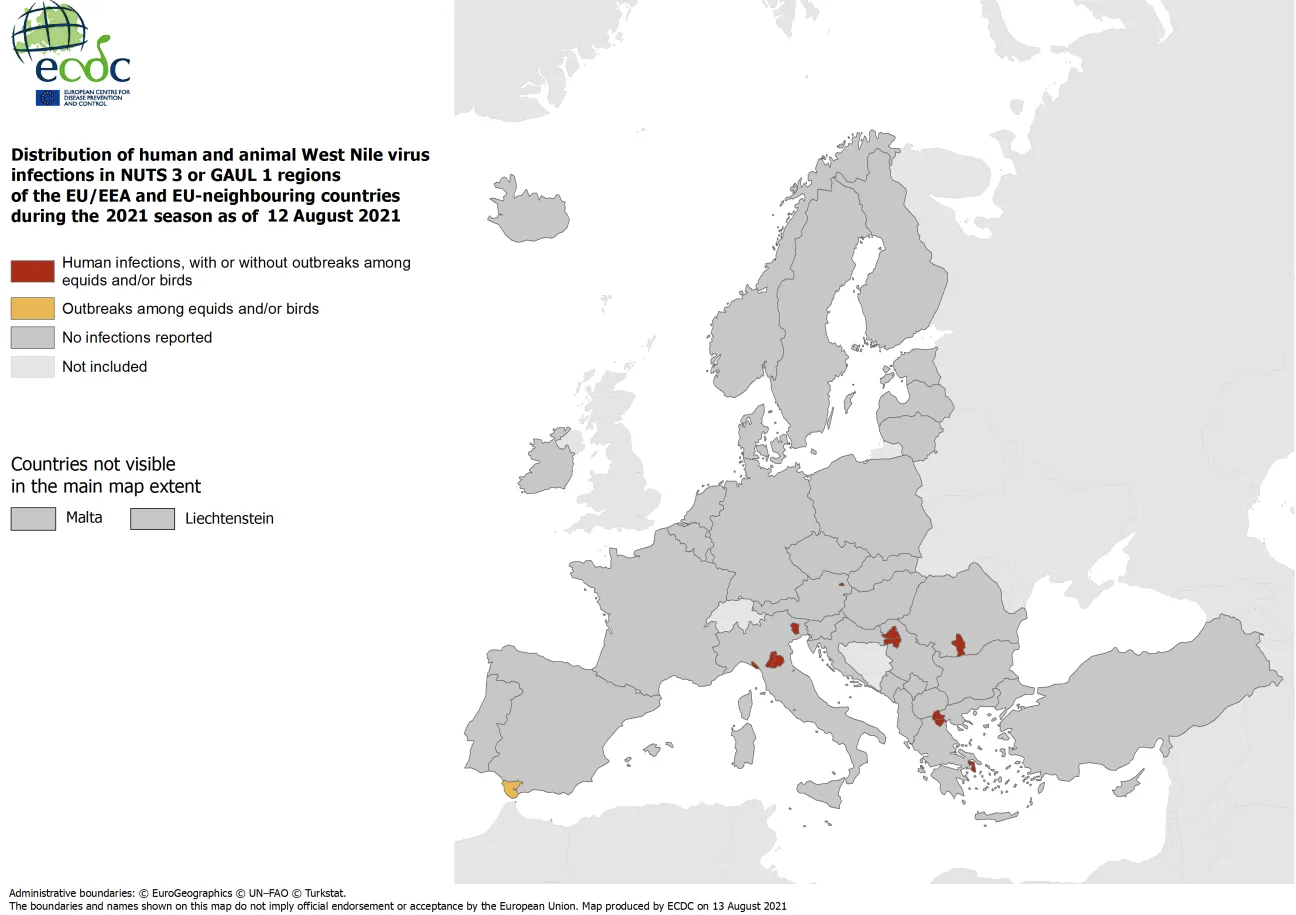 West Nile virus in Europe in 2021 - infections among humans and outbreaks among equids and/or birds, updated 12 August 2021