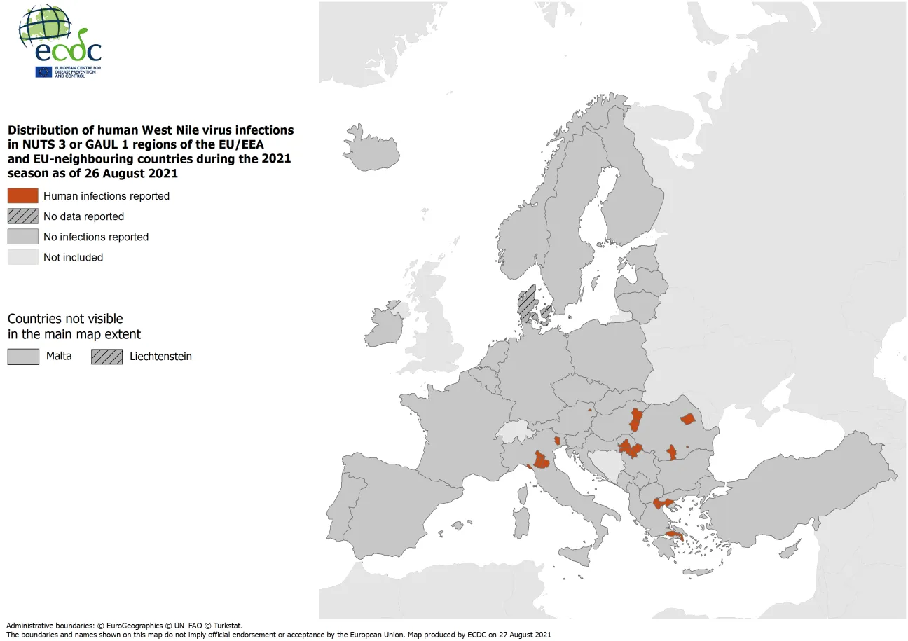 West Nile virus in Europe in 2021 - human cases, updated 26 August 2021