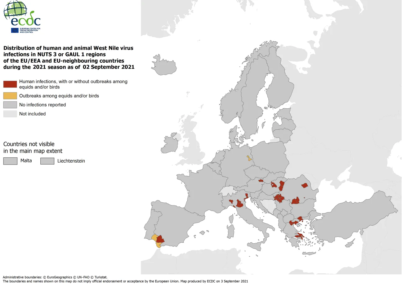 West Nile virus in Europe in 2021 - infections among humans and outbreaks among equids and/or birds, updated 2 September 2021