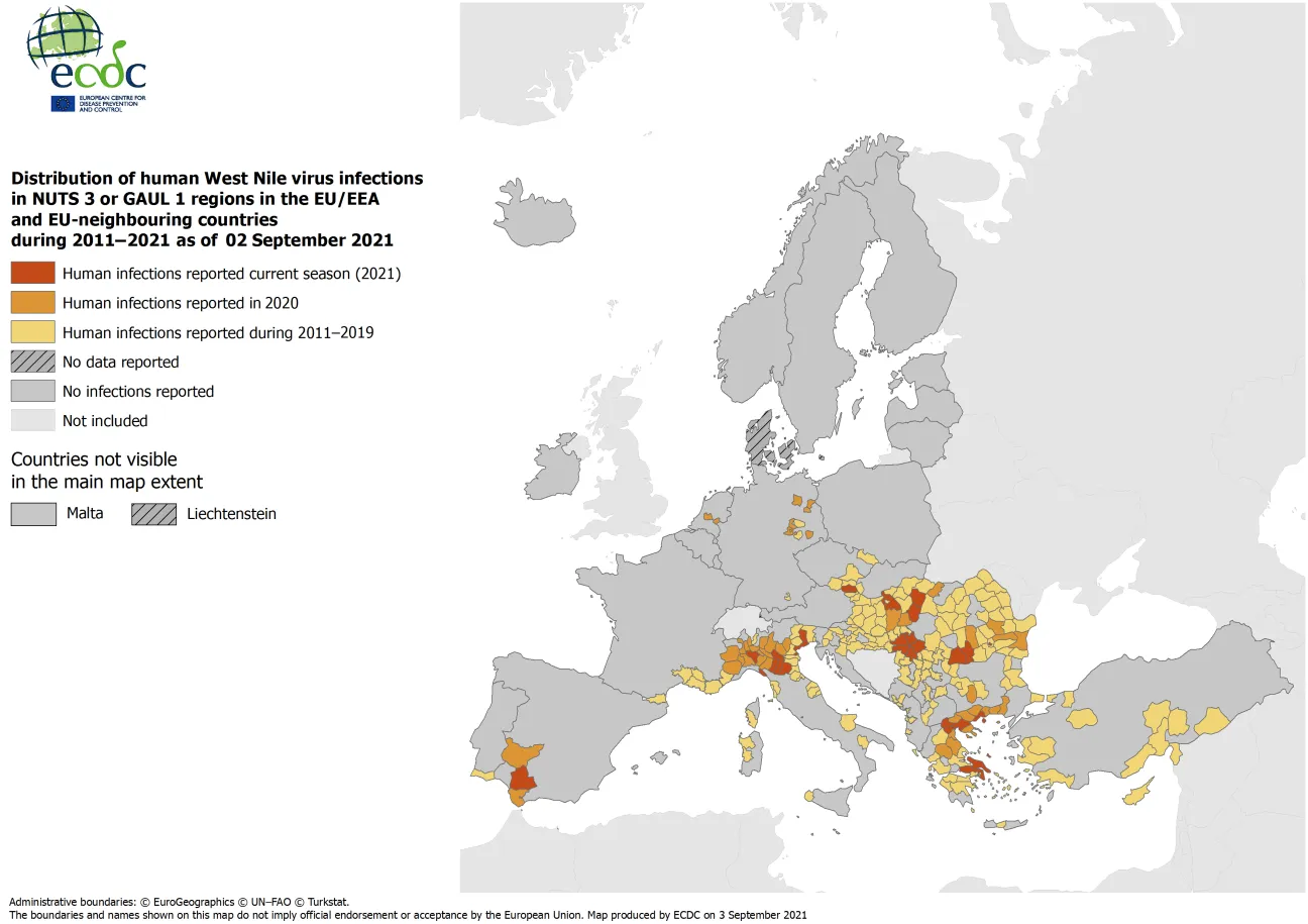 West Nile virus in Europe in 2021 - human cases compared to previous seasons, updated 2 September 2021