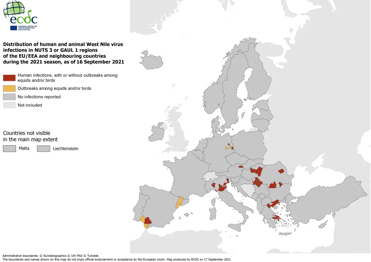 West Nile virus in Europe in 2021 - infections among humans and outbreaks among equids and/or birds, updated 16 September 2021