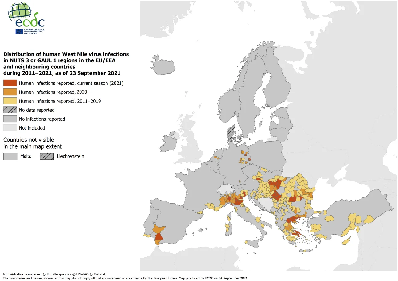 West Nile virus in Europe in 2021 - human cases compared to previous seasons, updated 23 September 2021