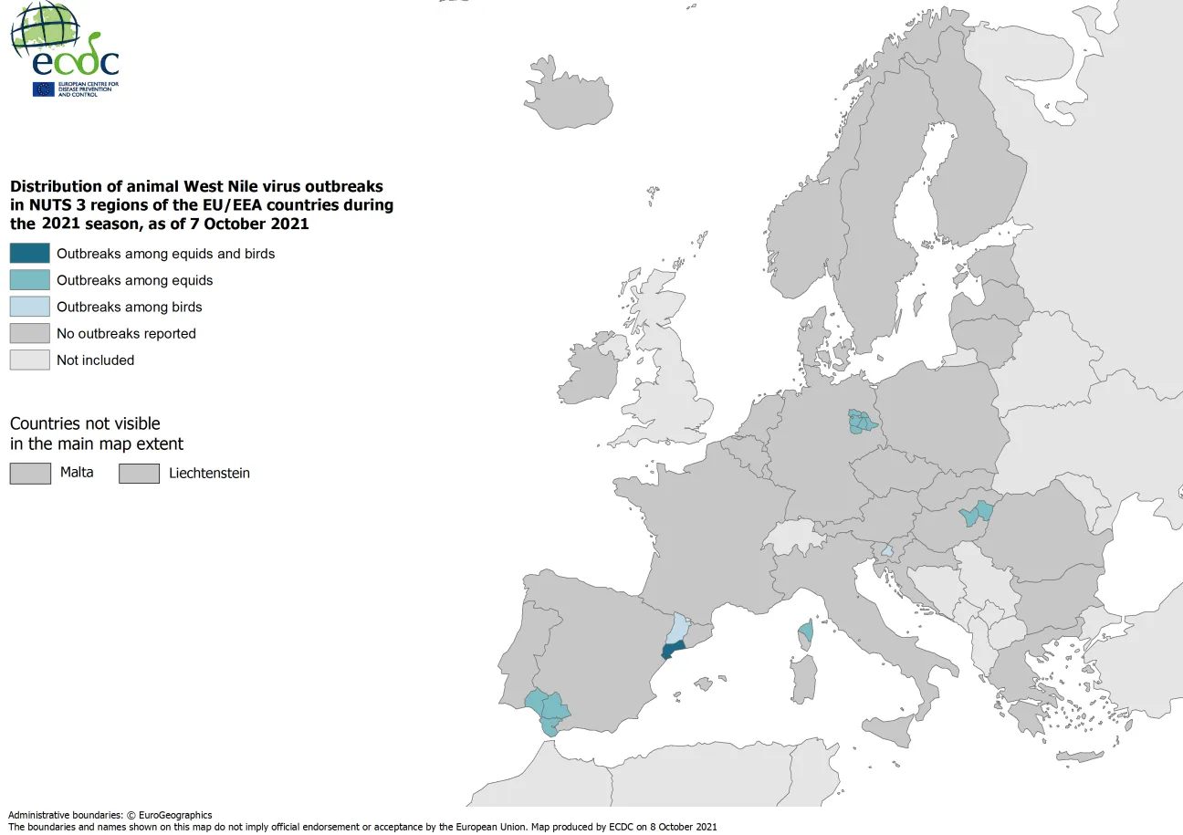 West Nile virus in Europe in 2021 - outbreaks among equids and/or birds, updated 7 October 2021