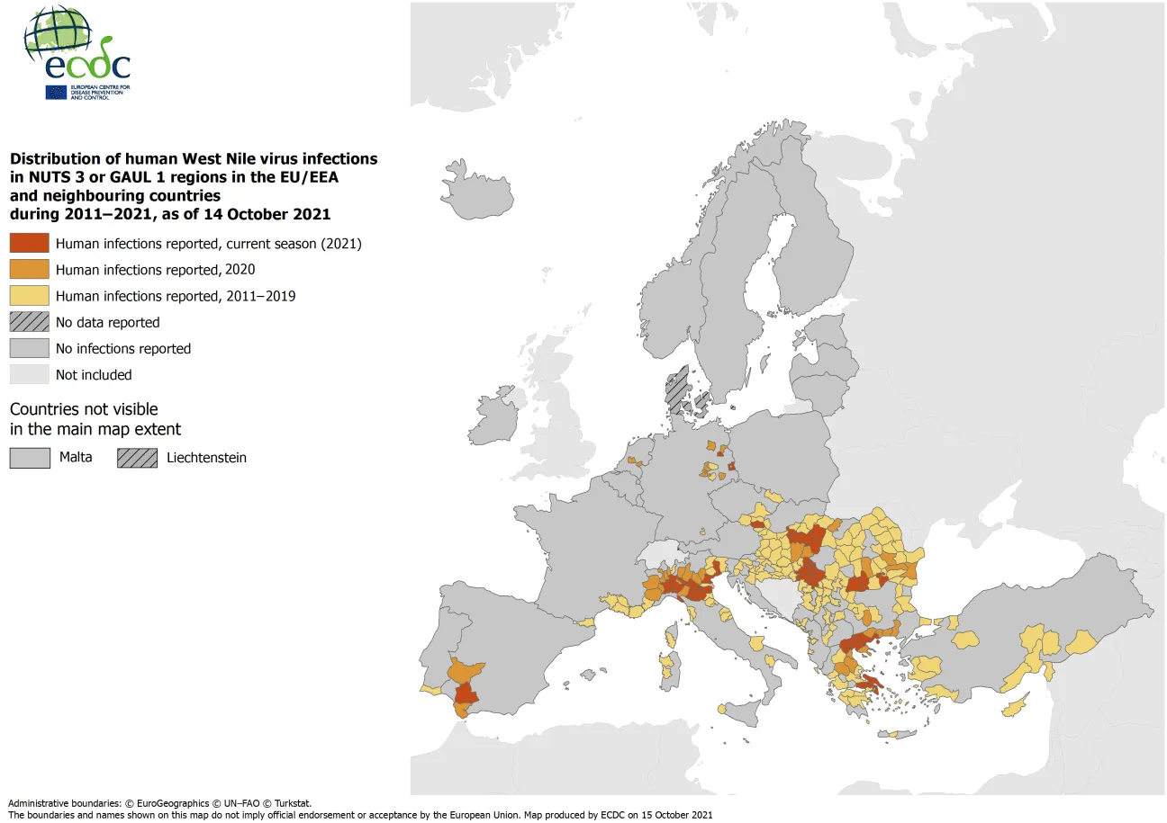 West Nile virus in Europe in 2021 - human cases compared to previous seasons, updated 14 October 2021