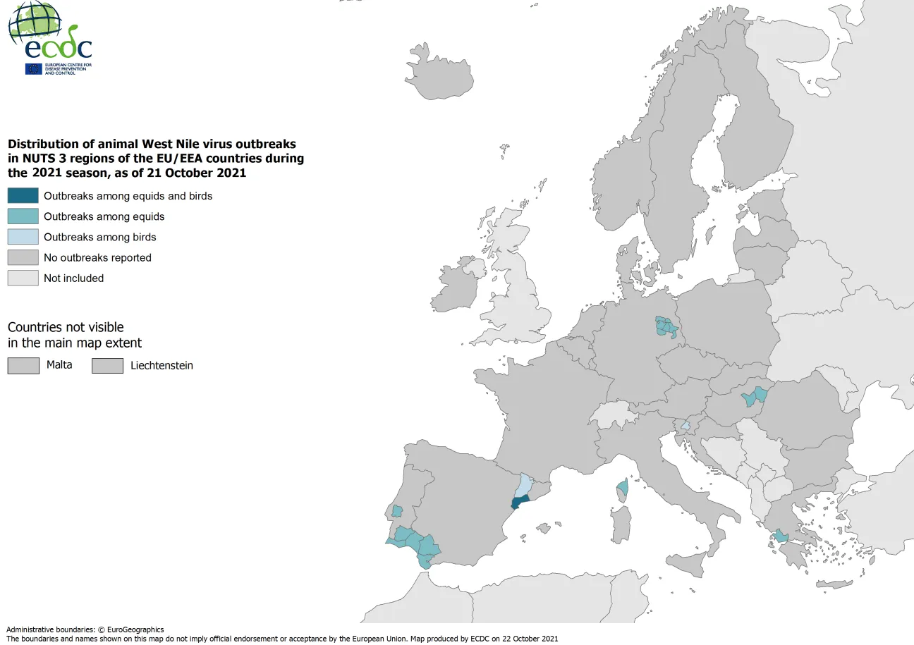 West Nile virus in Europe in 2021 - outbreaks among equids and/or birds, updated 21 October 2021