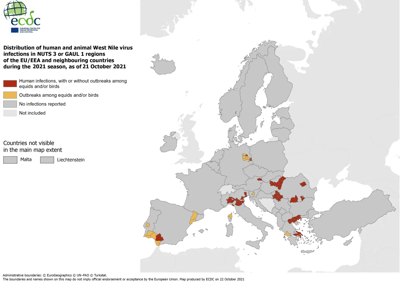 West Nile virus in Europe in 2021 - infections among humans and outbreaks among equids and/or birds, updated 21 October 2021