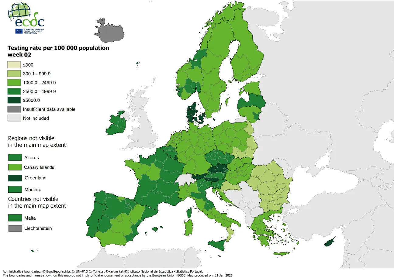 Testing rates per 100 000 inhabitants, updated 21 January 2021
