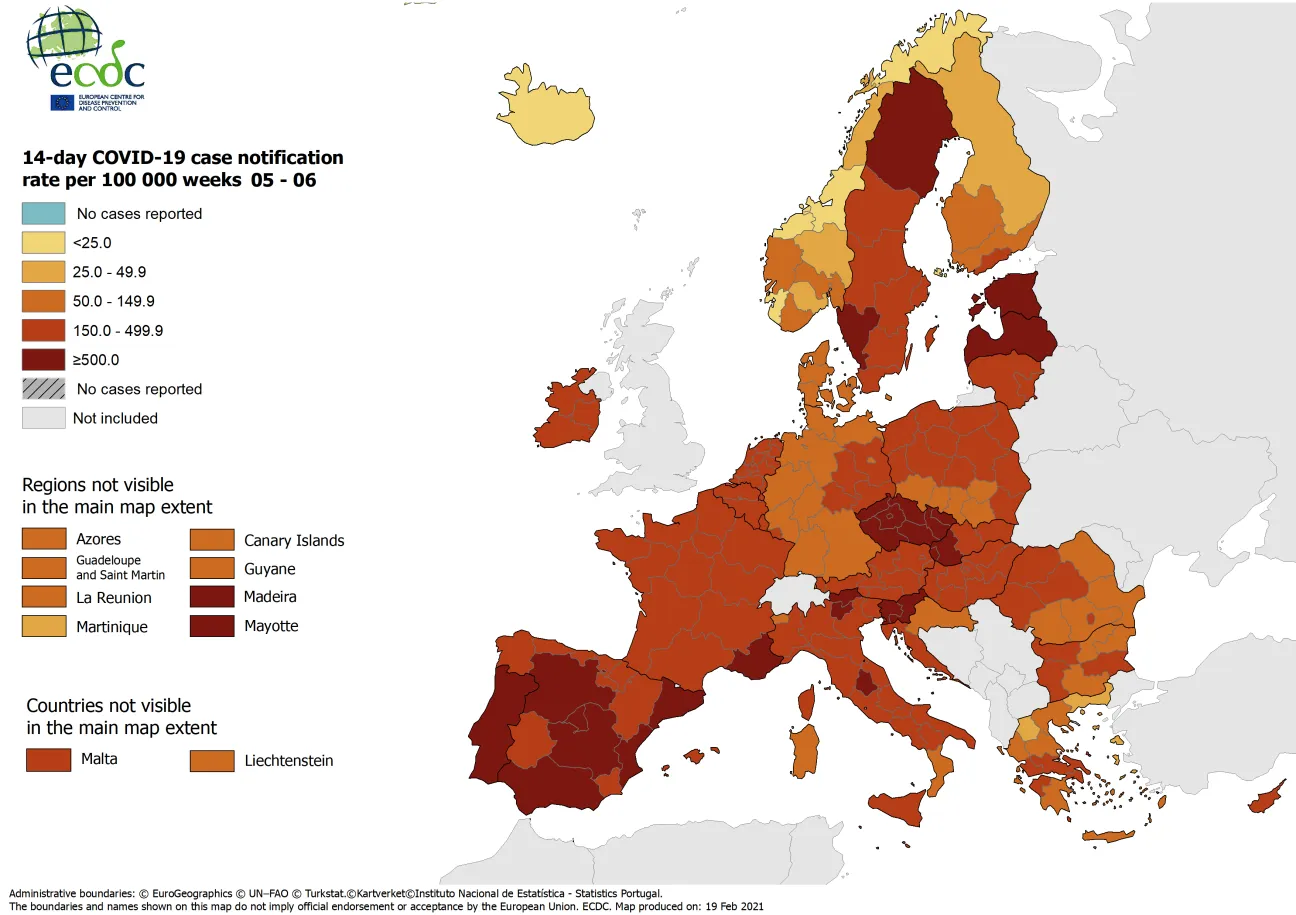 14-day case notification rate per 100 000 inhabitants, updated 18 February 2021