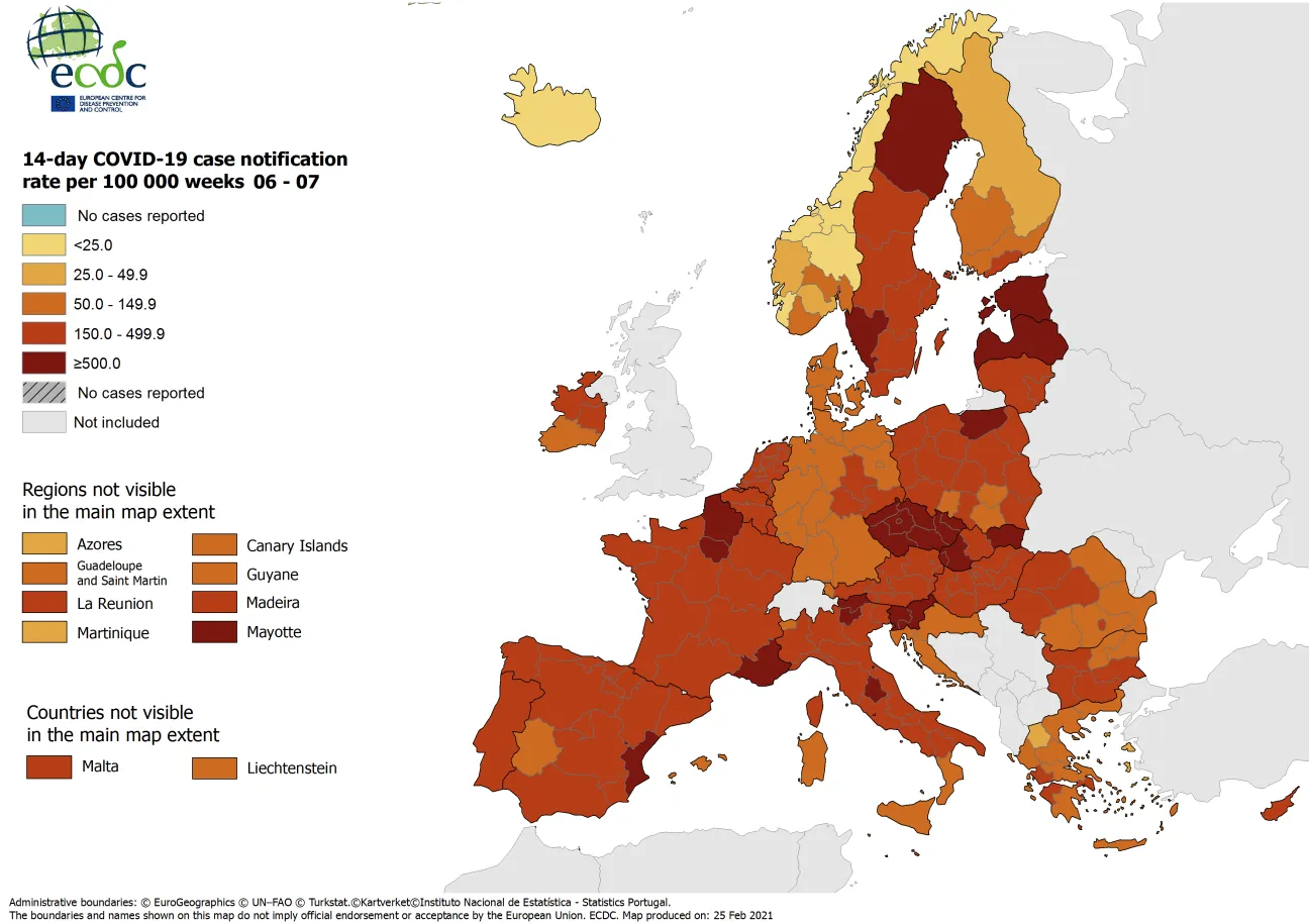 14-day case notification rate per 100 000 inhabitants, updated 25 February 2021