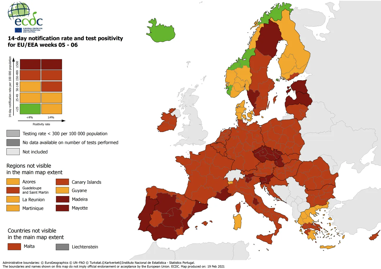 Combined indicator: 14-day notification rate, testing rate and test positivity, updated 18 February 2021