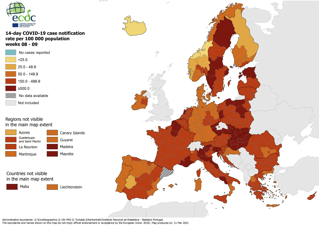 14-day case notification rate per 100 000 inhabitants, updated 11 March 2021