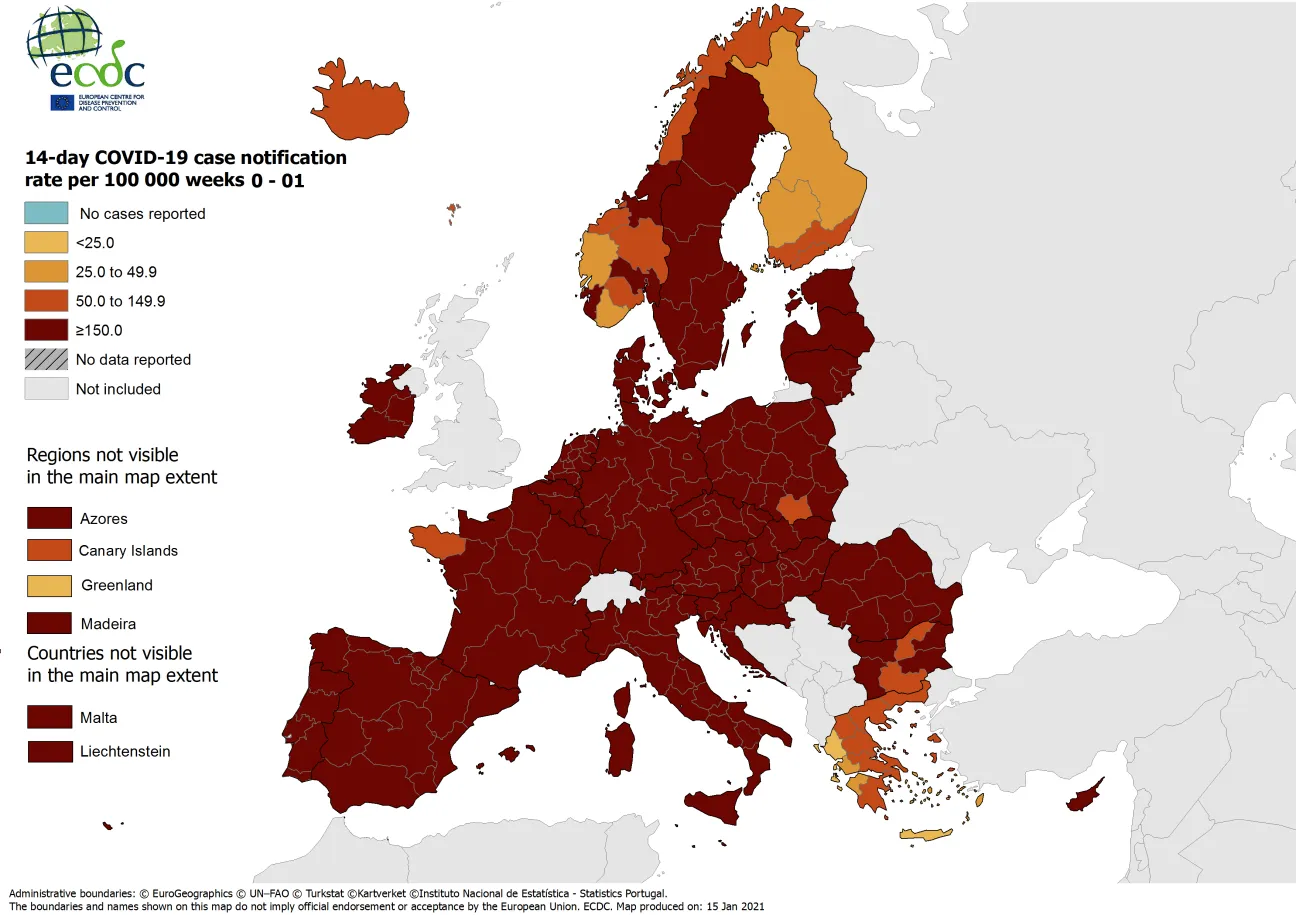 14-day case notification rate per 100 000 inhabitants, updated 14 January 2021