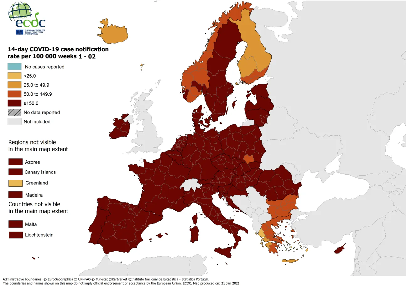 14-day case notification rate per 100 000 inhabitants, updated 21 January 2021