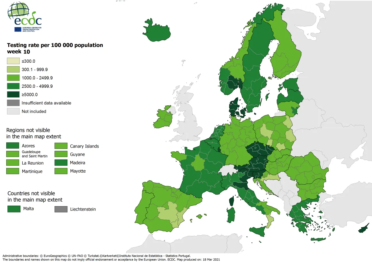 Testing rates per 100 000 inhabitants, updated 18 March 2021