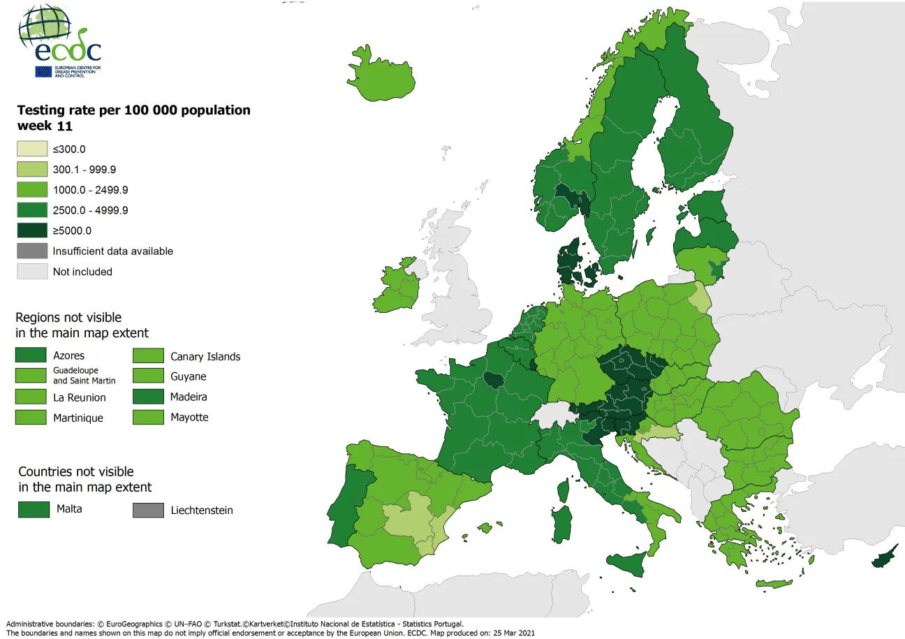Testing rates per 100 000 inhabitants, updated 25 March 2021