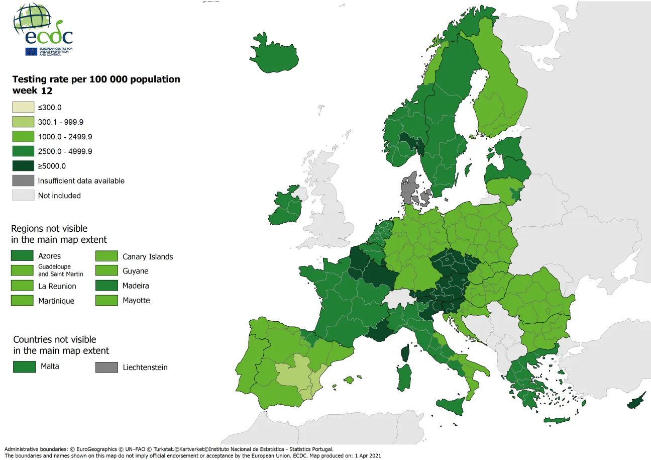 Testing rates per 100 000 inhabitants, updated 1 April 2021