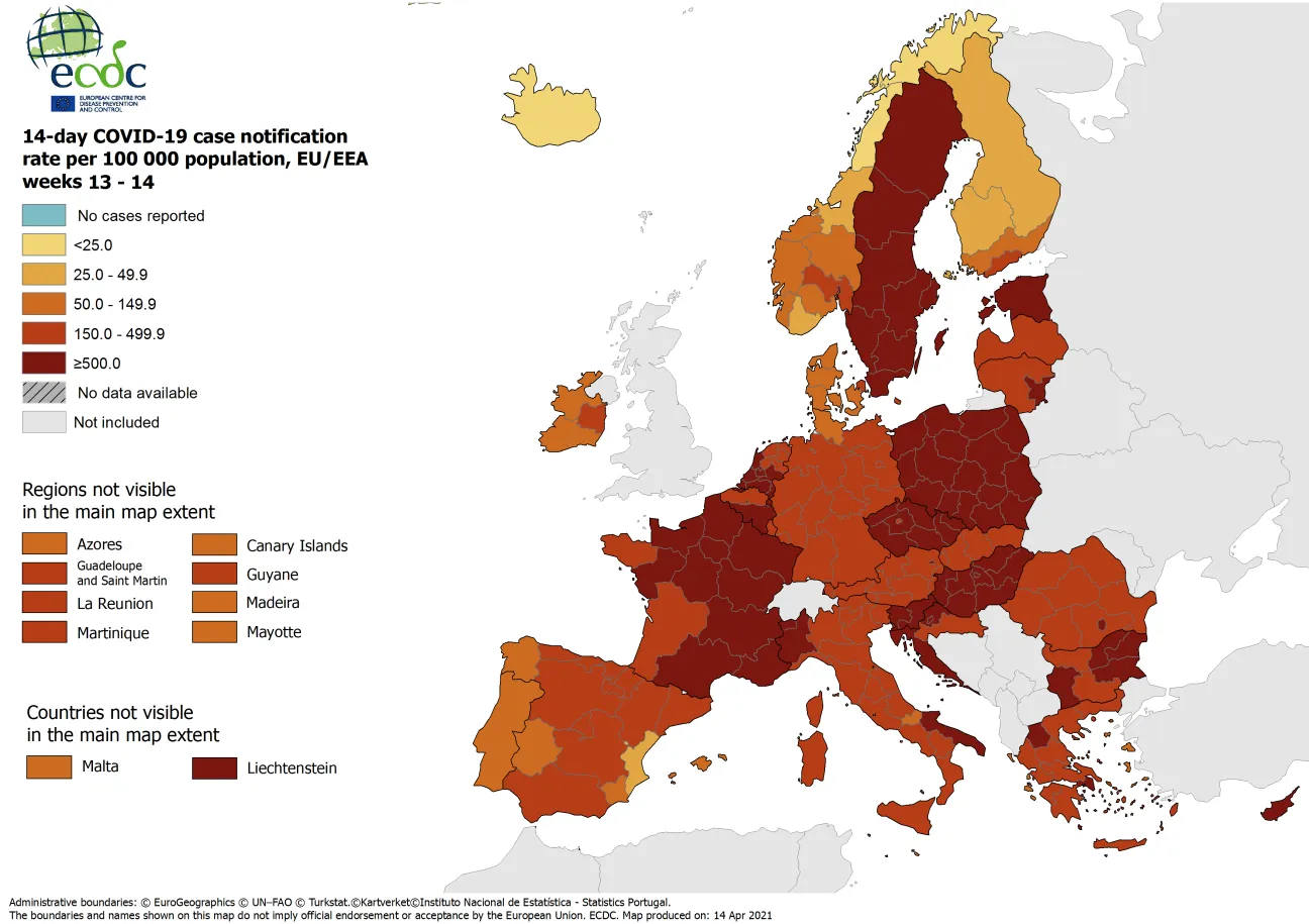 14-day case notification rate per 100 000 inhabitants, updated 15 April 2021