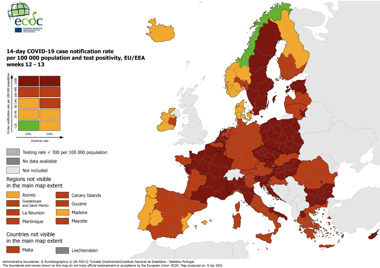 Combined indicator: 14-day notification rate, testing rate and test positivity, updated 8 April 2021