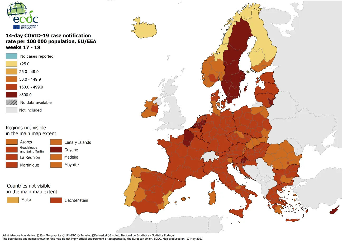 14-day case notification rate per 100 000 inhabitants, updated 17 May 2021