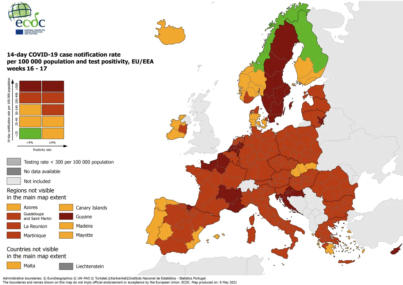 Combined indicator: 14-day notification rate, testing rate and test positivity, updated 6 May 2021