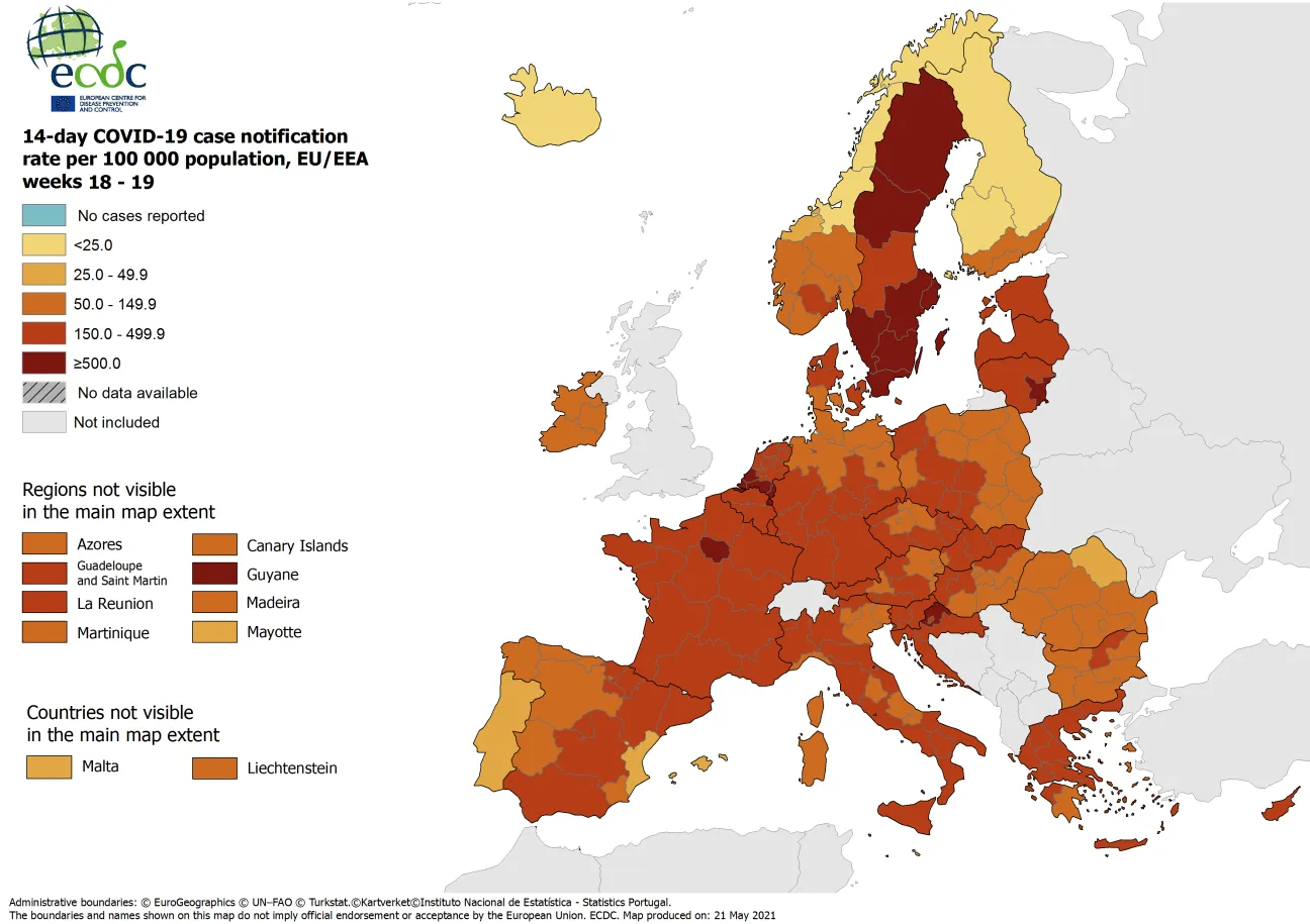 14-day case notification rate per 100 000 inhabitants, updated 21 May 2021