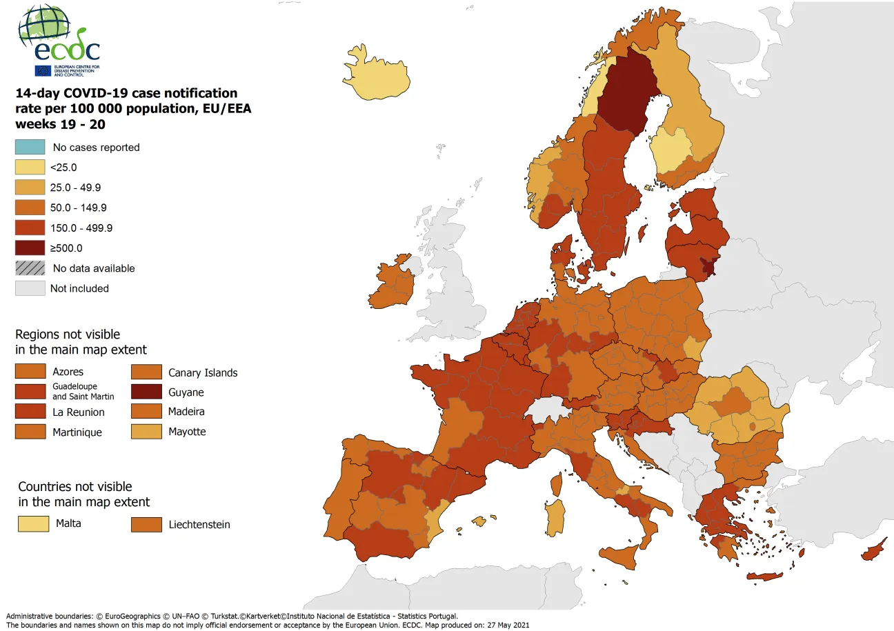 14-day case notification rate per 100 000 inhabitants, updated 27 May 2021
