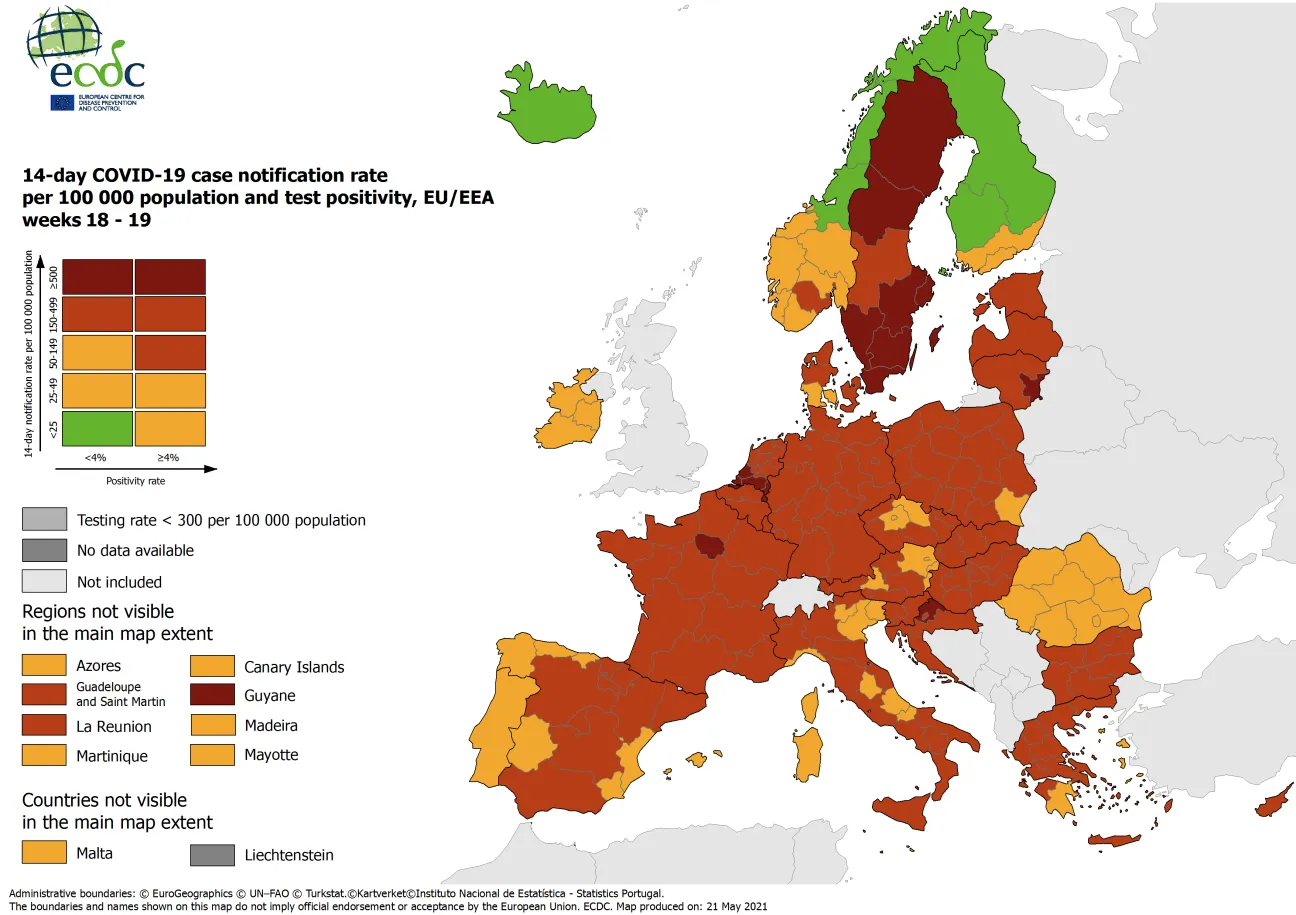 Combined indicator: 14-day notification rate, testing rate and test positivity, updated 21 May 2021