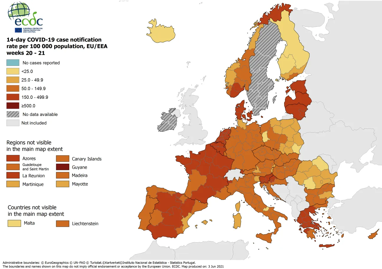 14-day case notification rate per 100 000 inhabitants, updated 3 June 2021