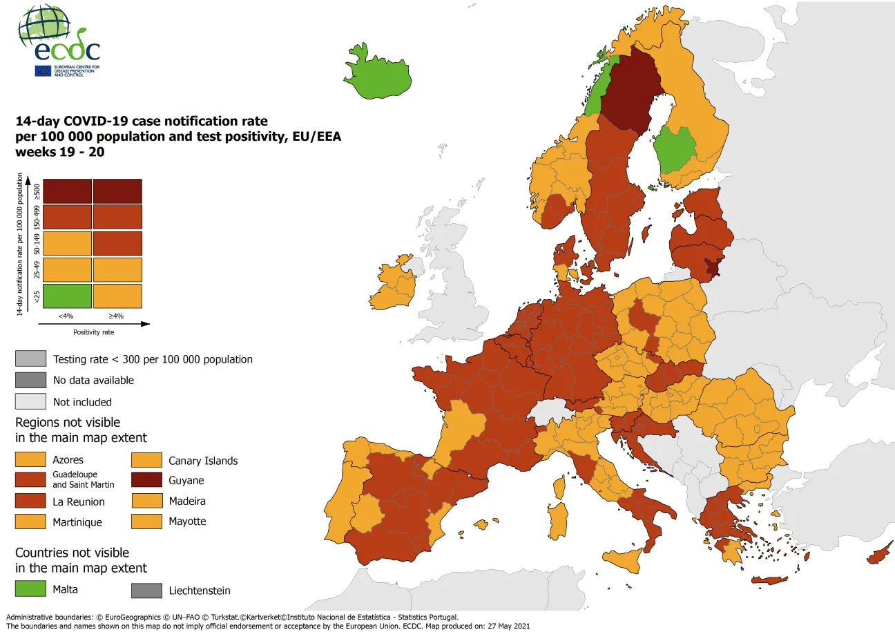 Combined indicator: 14-day notification rate, testing rate and test positivity, updated 27 May 2021