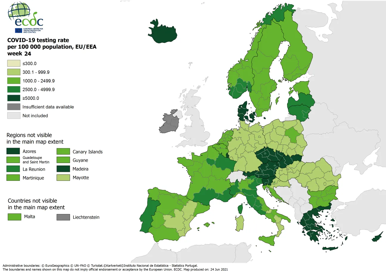 Testing rates per 100 000 inhabitants, updated 24 June 2021
