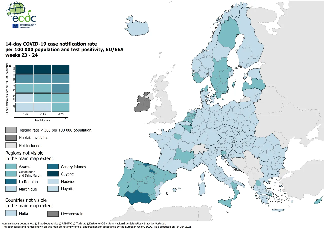 Combined indicator: 14-day notification rate, testing rate and test positivity, updated 24 June 2021 (colour-blind friendly)