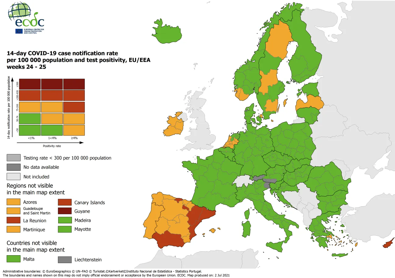 Combined indicator: 14-day notification rate, testing rate and test positivity, updated 2 July 2021