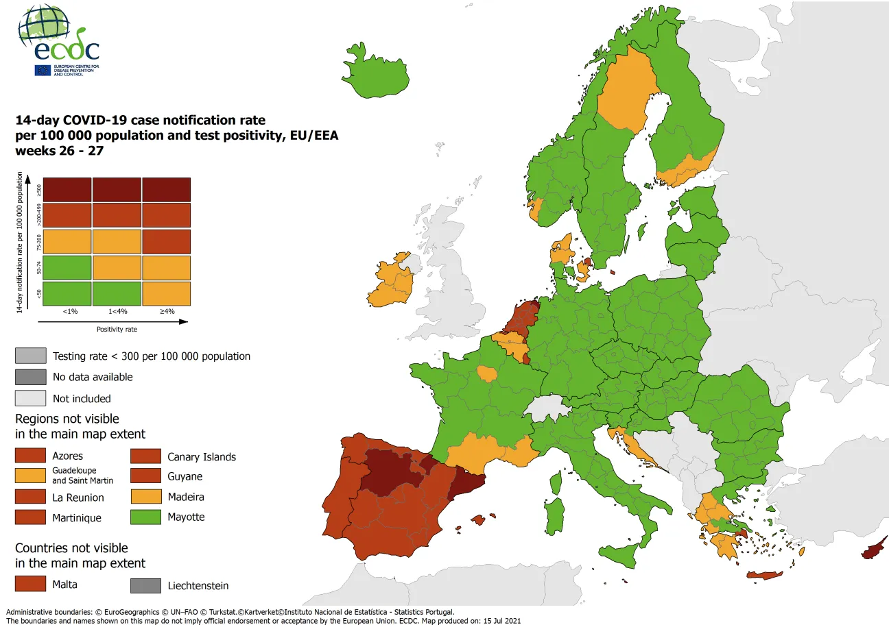 Combined indicator: 14-day notification rate, testing rate and test positivity, updated 15 July 2021