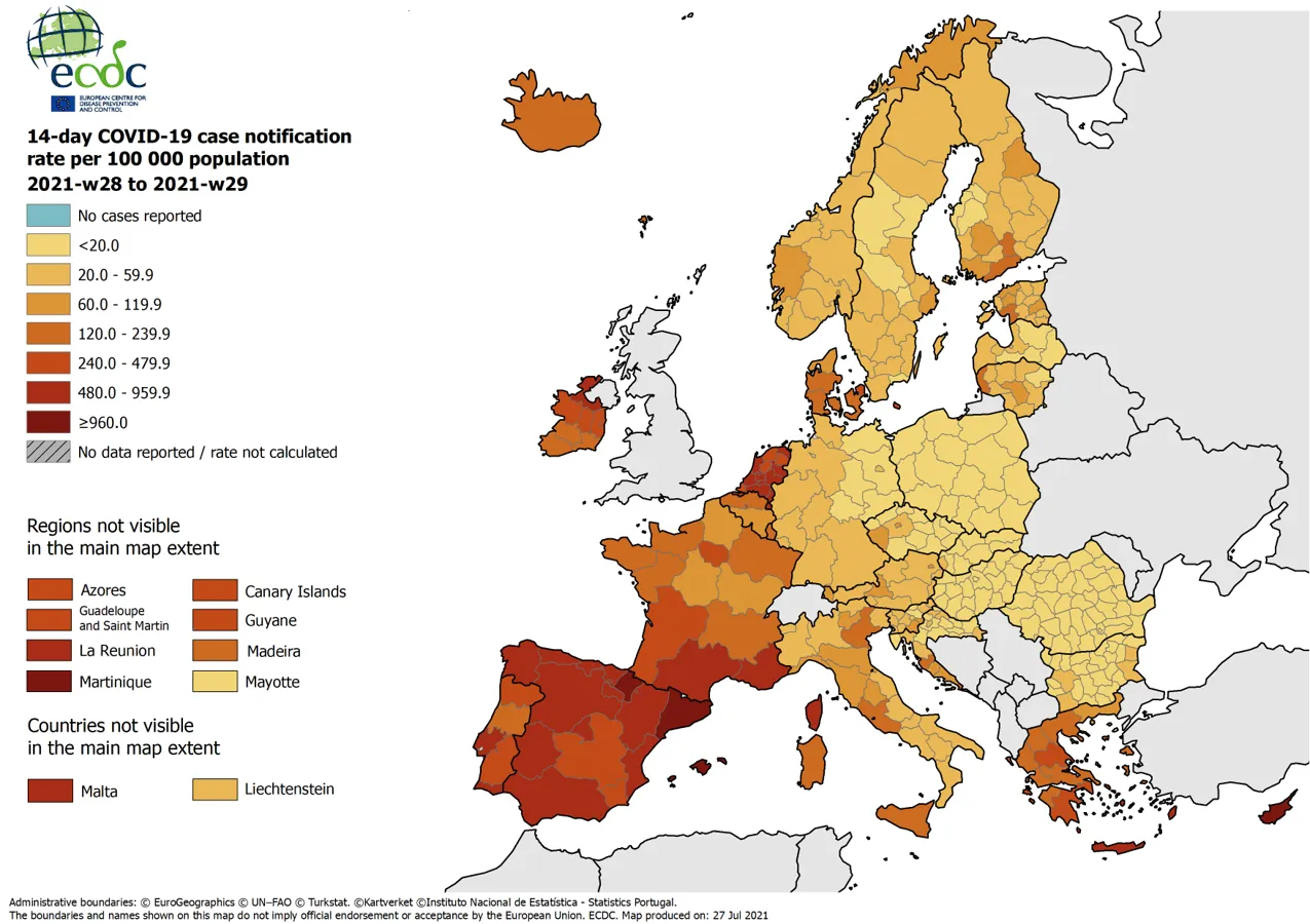 14-day COVID-19 case notification rate per 100 000, weeks 28-29