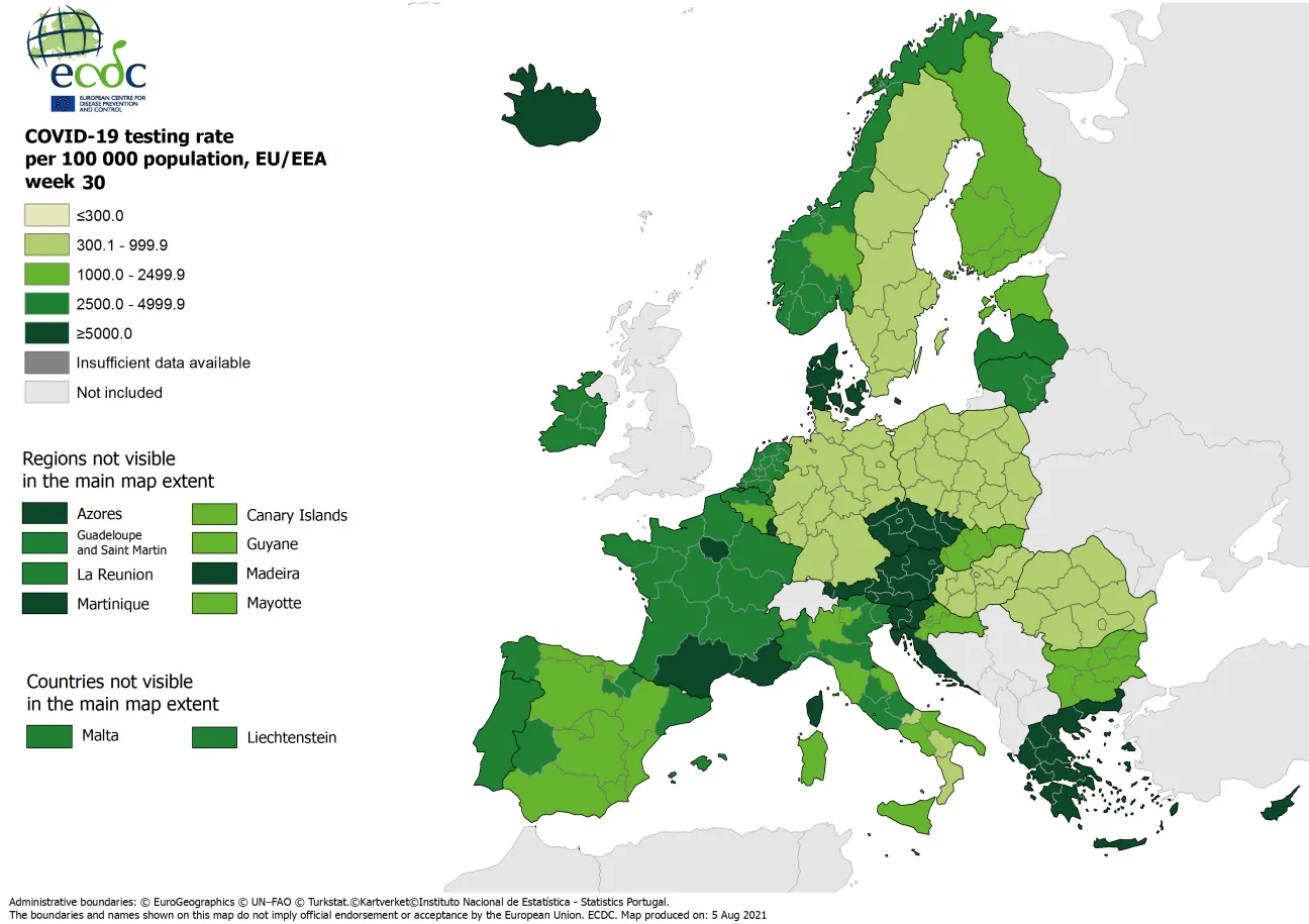 Testing rates per 100 000 inhabitants, updated 5 August 2021
