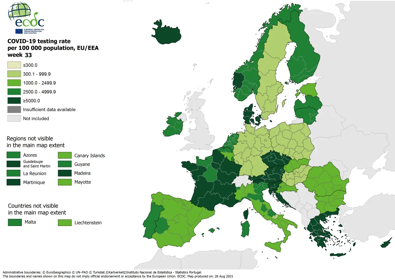 Testing rates per 100 000 inhabitants, updated 26 August 2021