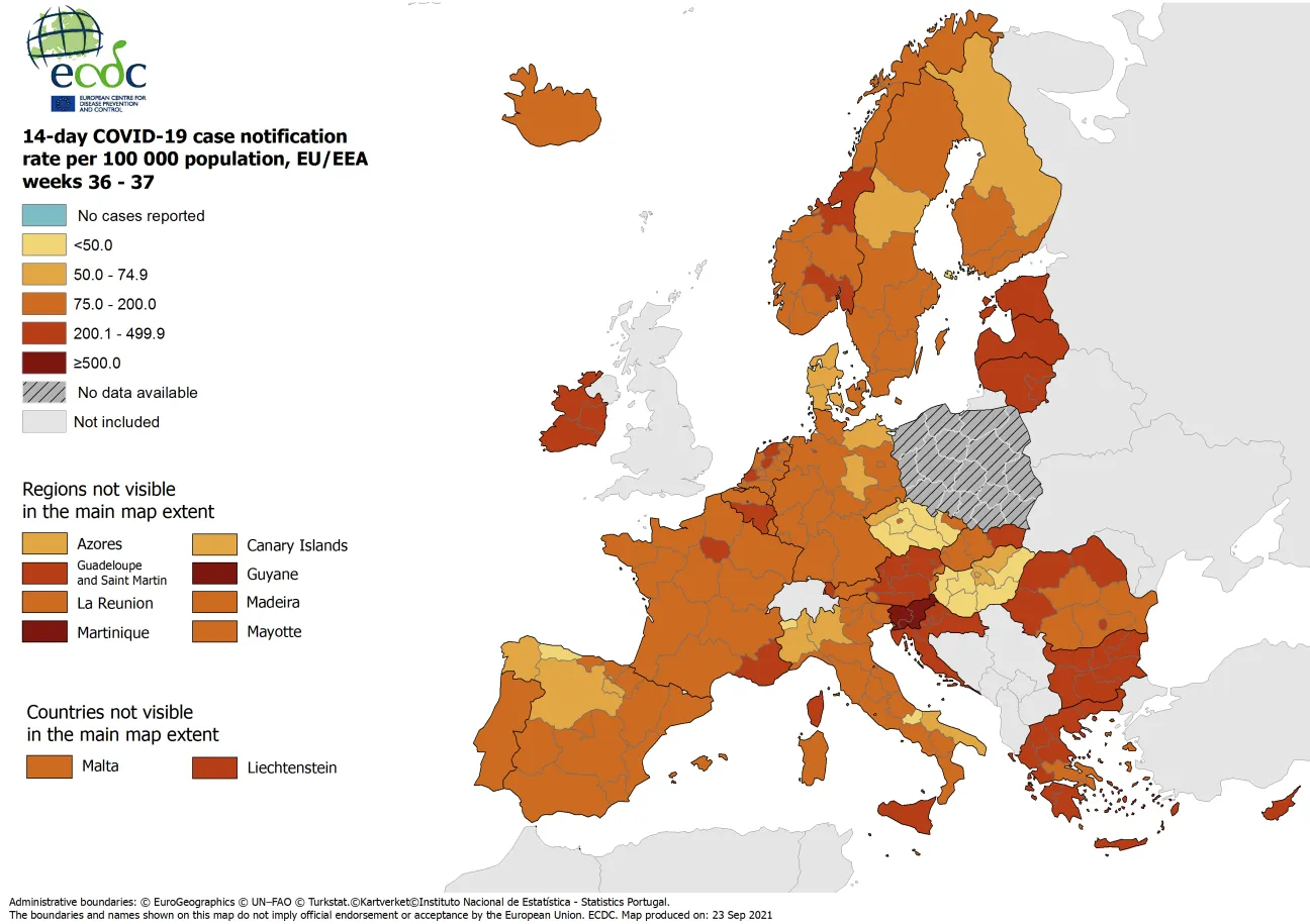14-day case notification rate per 100 000 inhabitants, updated 23 September 2021