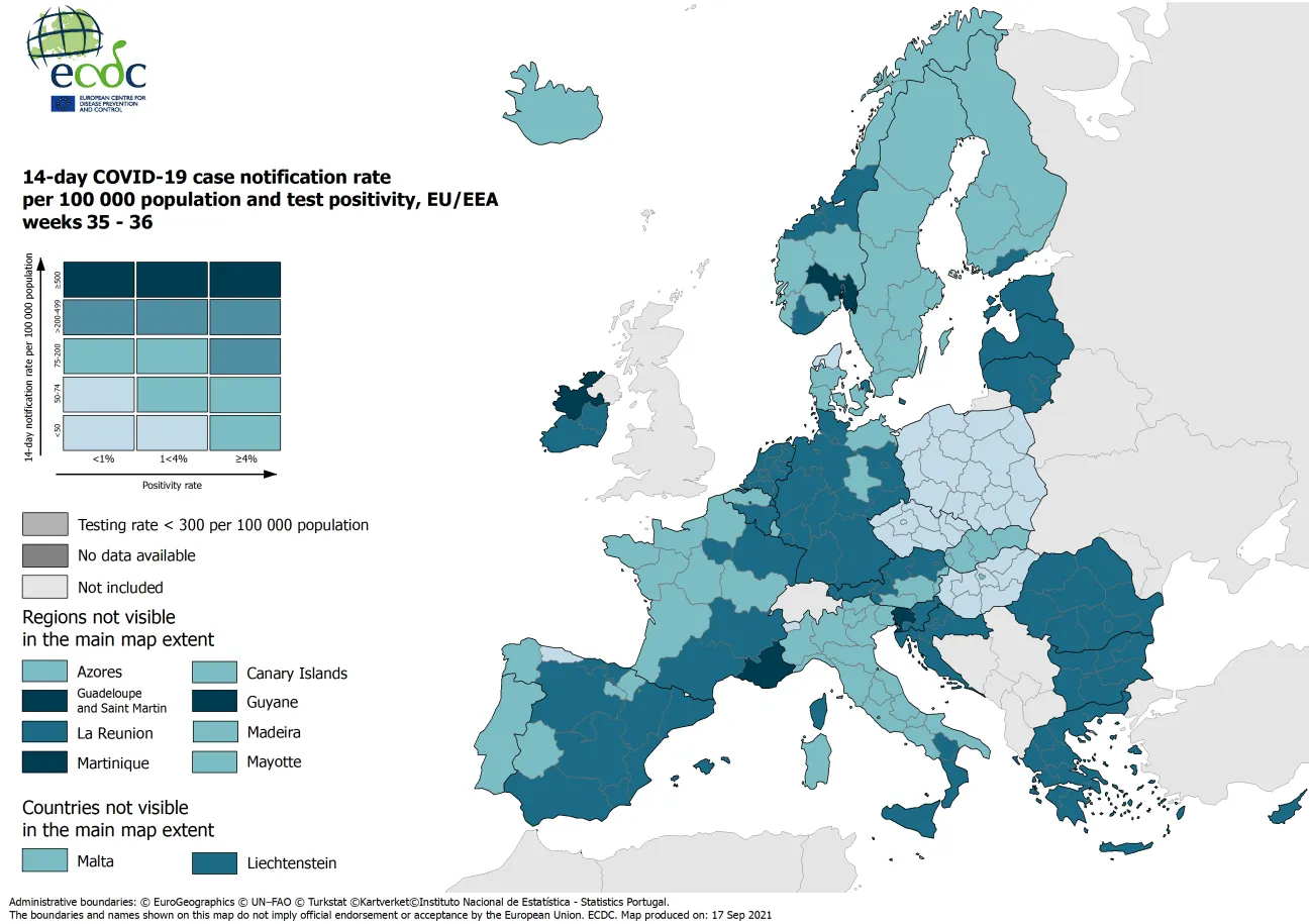 Combined indicator: 14-day notification rate, testing rate and test positivity, updated 16 September 2021 (colour-blind friendly)